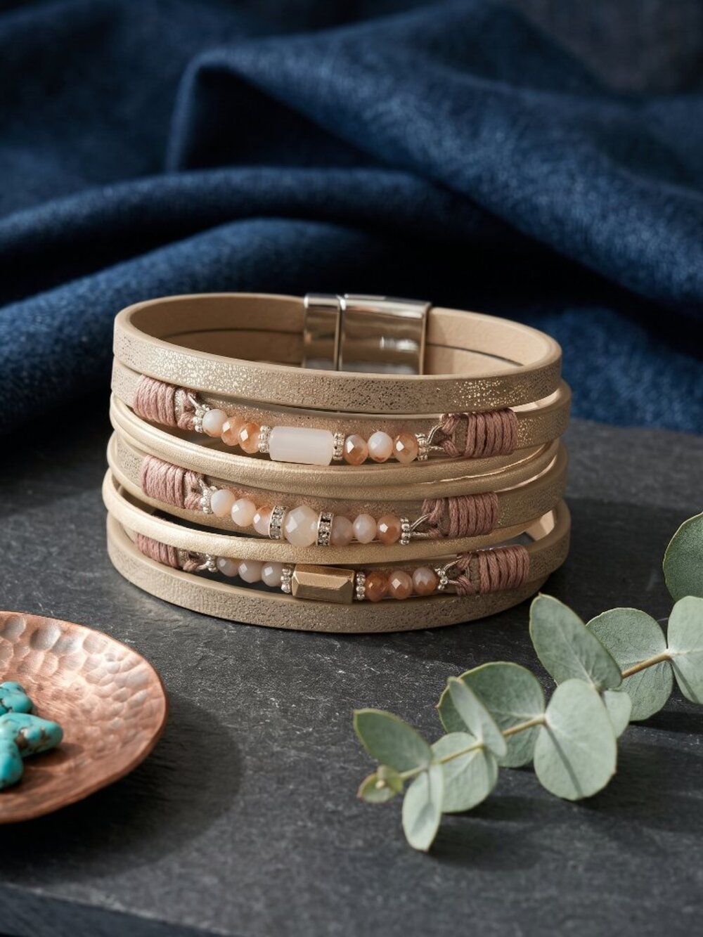 Vegan Leather Wrap Bracelet Champagne Multi Strand Beaded Magnetic Boho 7.5" - Picture 10 of 14